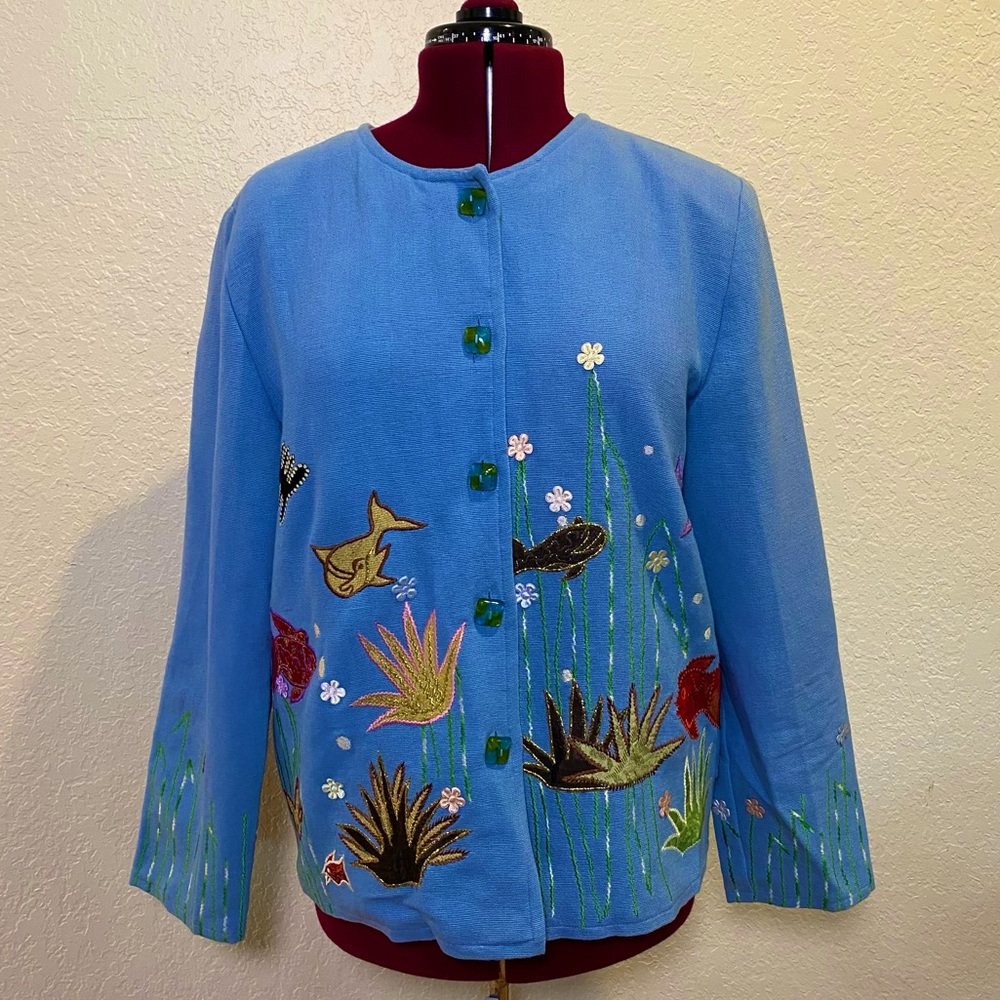 Vintage Under the Sea Themed Sky Blue Button Up Coat L 🪼🦀🐠🐚🌊